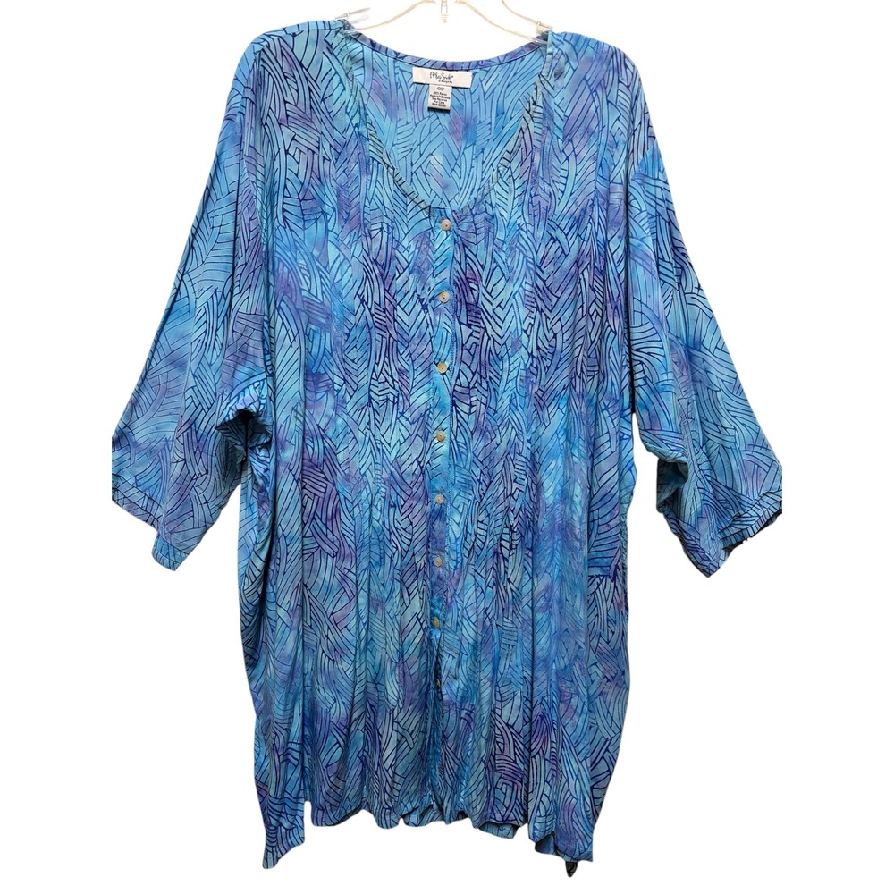 On the Plus Side Blue Purple Abstract Batik Print Rayon Pintuck Tunic Top 4XP